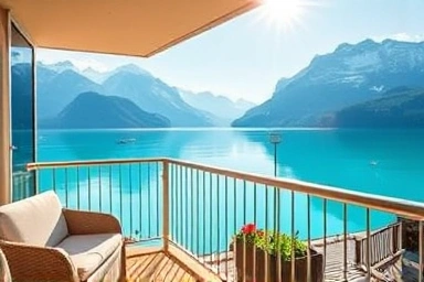 Luxury hotel balcony view of Interlaken lake and Alps