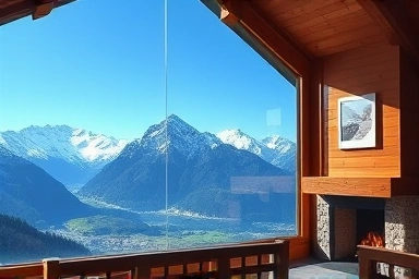 Cozy chalet interior with panoramic Alps mountain view