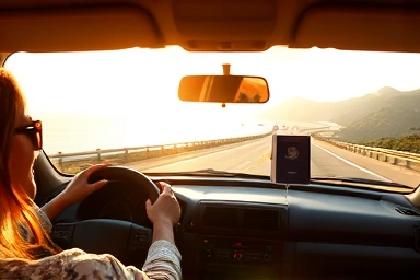 Joyful international driving, travel essentials on dashboard.