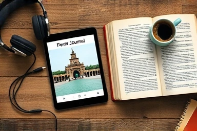 iPad with travel journal, book, and coffee, representing lifestyle.