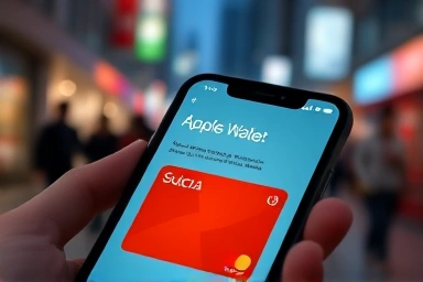 iPhone Suica card in Apple Wallet, foreign city backdrop