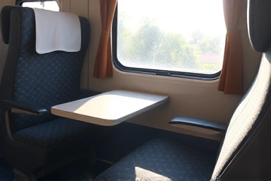 Comfortable and spacious train seat with legroom and table.