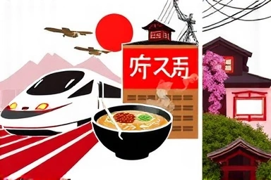 Collage of Japanese travel icons: bullet train, ramen, cityscape, Zen garden