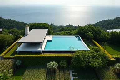 Aerial view of a luxury private villa with an infinity pool in Jeju.