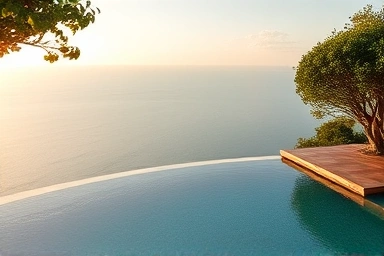 Luxury Jeju villa with infinity pool overlooking the ocean at sunset.