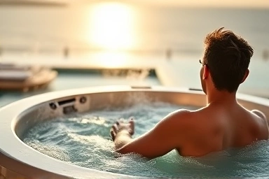 Couple relaxing in a private jacuzzi with ocean view.