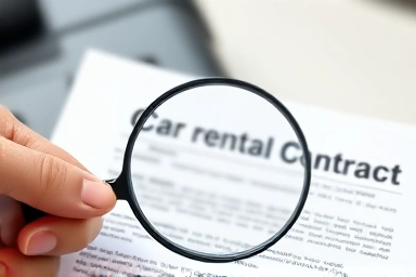 Magnifying glass examining car rental insurance contract