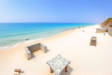 Jeju Sehwa Beach, clear turquoise water, white sand, rustic stone walls, photo zones