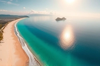Jeju Hyeopjae Beach aerial view, turquoise sea, Biyangdo Island