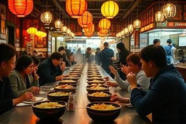 People enjoying traditional Korean restaurant food