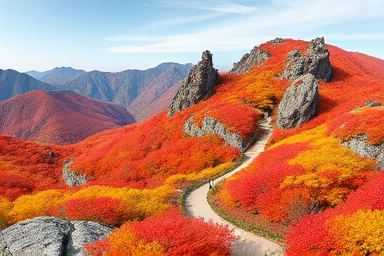 Juwansan National Park autumn foliage, vibrant maple leaves, rugged rock formations