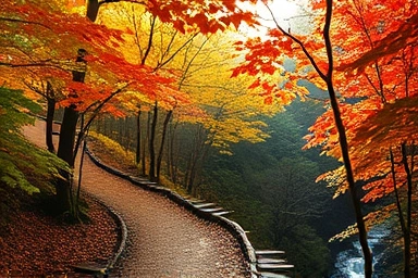 Autumn hiking trail in Juwangsan, sunlight through leaves, peaceful fall scenery