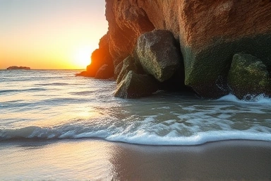 Waves around Kkotji Beach rocks at sunset