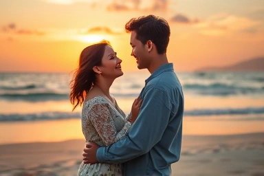 Happy Korean couple enjoying a budget-friendly beach trip at sunset.