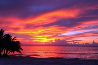 Vibrant Kota Kinabalu sunset over ocean and palm trees