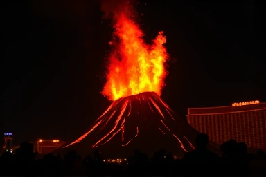 Mirage Volcano eruption at night, Las Vegas show