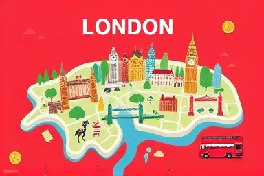 Stylized London map with budget travel icons