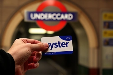 London Oyster card in hand at Underground station