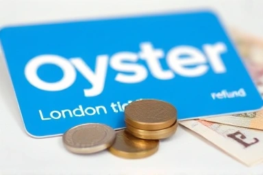 London Oyster card with coins and banknotes symbolizing refund