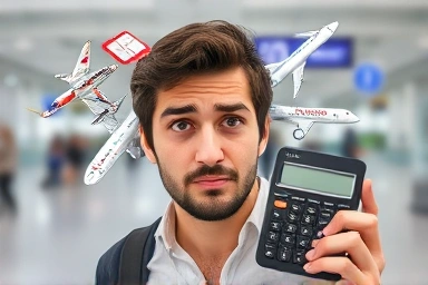 Confused traveler with airline baggage tags and calculator