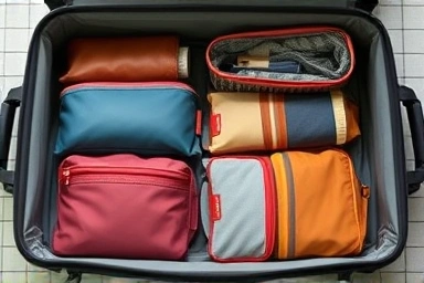Organized suitcase with packing pouches and cubes.