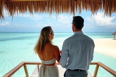 Couple enjoying Maldives honeymoon from overwater bungalow