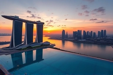 Marina Bay Sands infinity pool and skyline at sunset