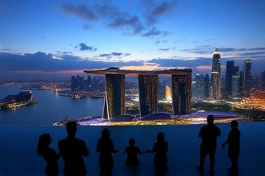 Marina Bay Sands infinity pool view of Singapore skyline at dusk.