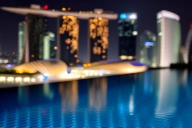 Night view of Marina Bay Sands pool with illuminated Singapore city.