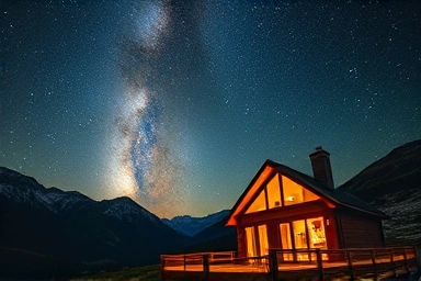 Cozy cabin under Milky Way galaxy