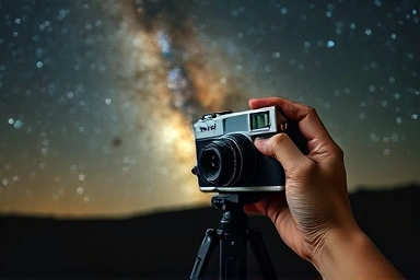 Hand holding camera capturing Milky Way