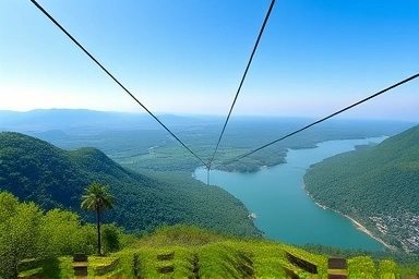 Panoramic view of Nami Island zipline with lush greenery.