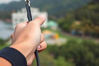 Close-up of hand gripping zipline handle, with blurred Nami Island.