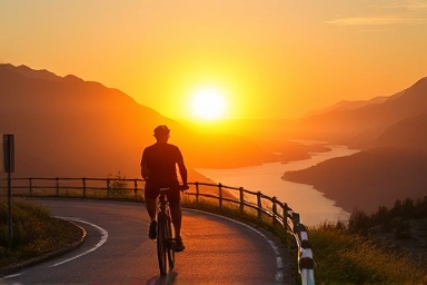 Cyclist on scenic mountain and river bike path at sunrise.