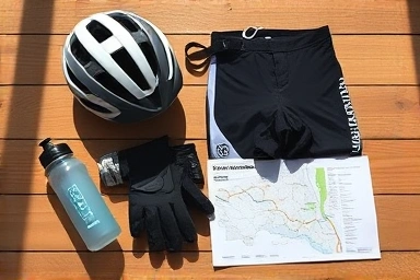 Essential cycling gear laid out for a long-distance bike trip.
