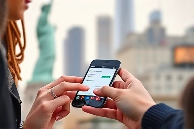 Hands using a digital travel pass in New York