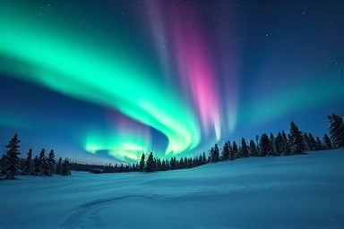Vibrant Aurora Borealis over snowy Scandinavian wilderness