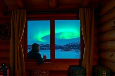 Cozy cabin interior with view of aurora borealis