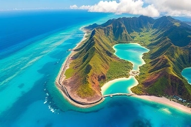 Aerial view of Oahu's stunning coastline and landmarks.