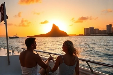 Couple on a sunset cruise with Diamond Head view.