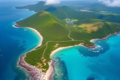Okinawa northern coastline, turquoise sea, green hills, scenic road.