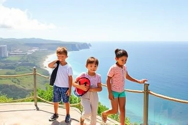 Family enjoying Okinawa viewpoint, happy children, scenic ocean view.