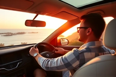 Traveler driving rental car, scenic road, peace of mind