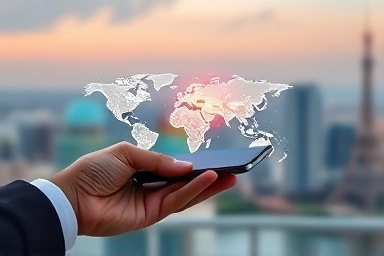 Traveler using smartphone with global data connections