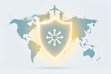 Travel insurance shield protecting global travel plans and traveler well-being.