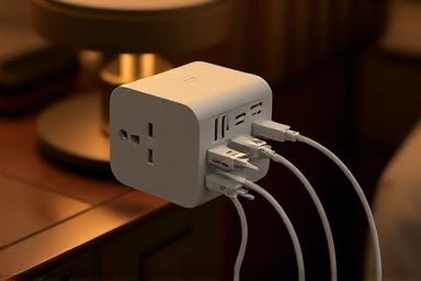 Travel adapter with multiple USB ports charging devices.