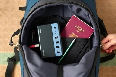 Backpack essentials: travel multi-tap, passport, smartphone.