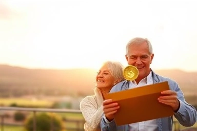 Happy elderly couple enjoying a scenic view, symbolizing cost-effective travel.