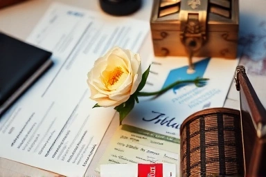 Travel itinerary with symbolic elements of savings and value.