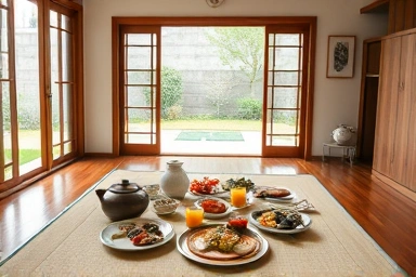 Elegant Korean breakfast in a modern hanok room with garden view